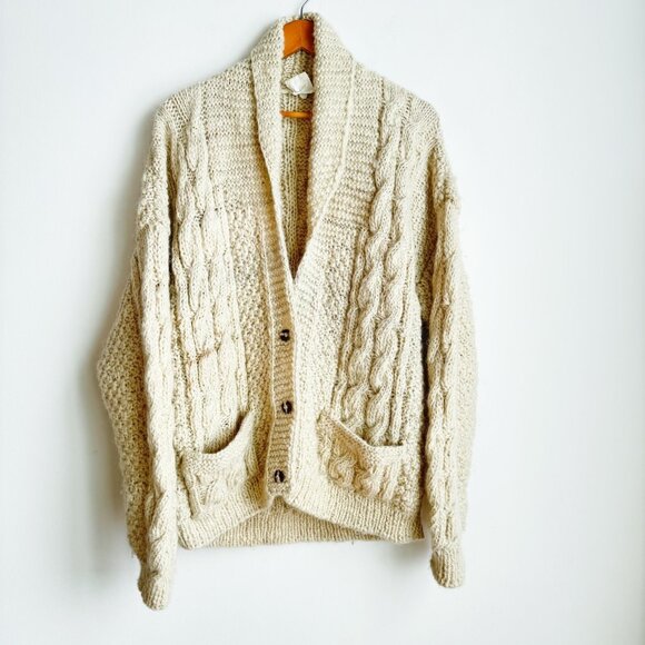 Vintage Made in Nepal Wool Chunky Fisherman Cardigan Sweater L - Picture 1 of 8